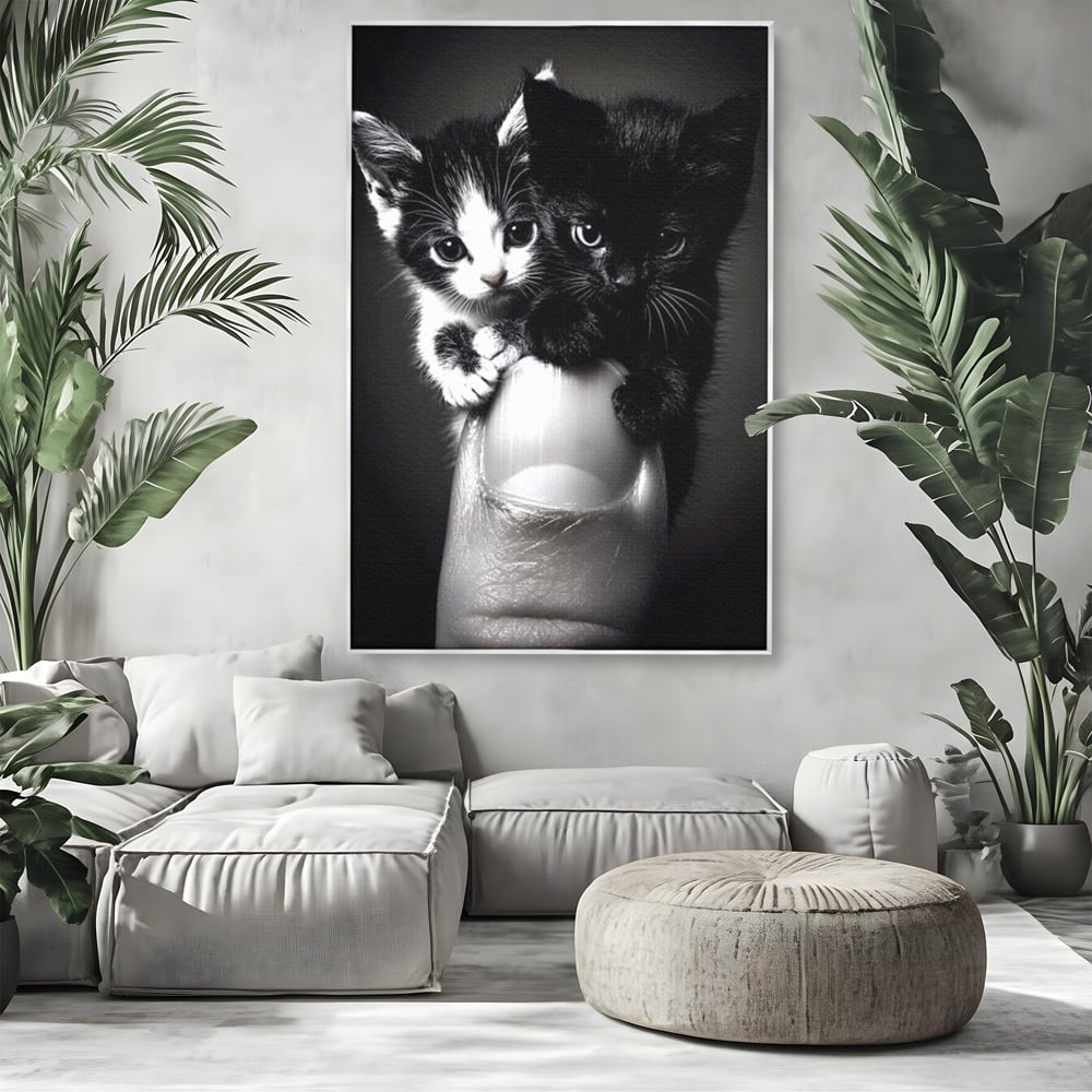 Tablou canvas cu tablou canvas cu doi pisoi mici agatati de un deget, in rama de aluminiu argintiu, pe perete intr-un living
